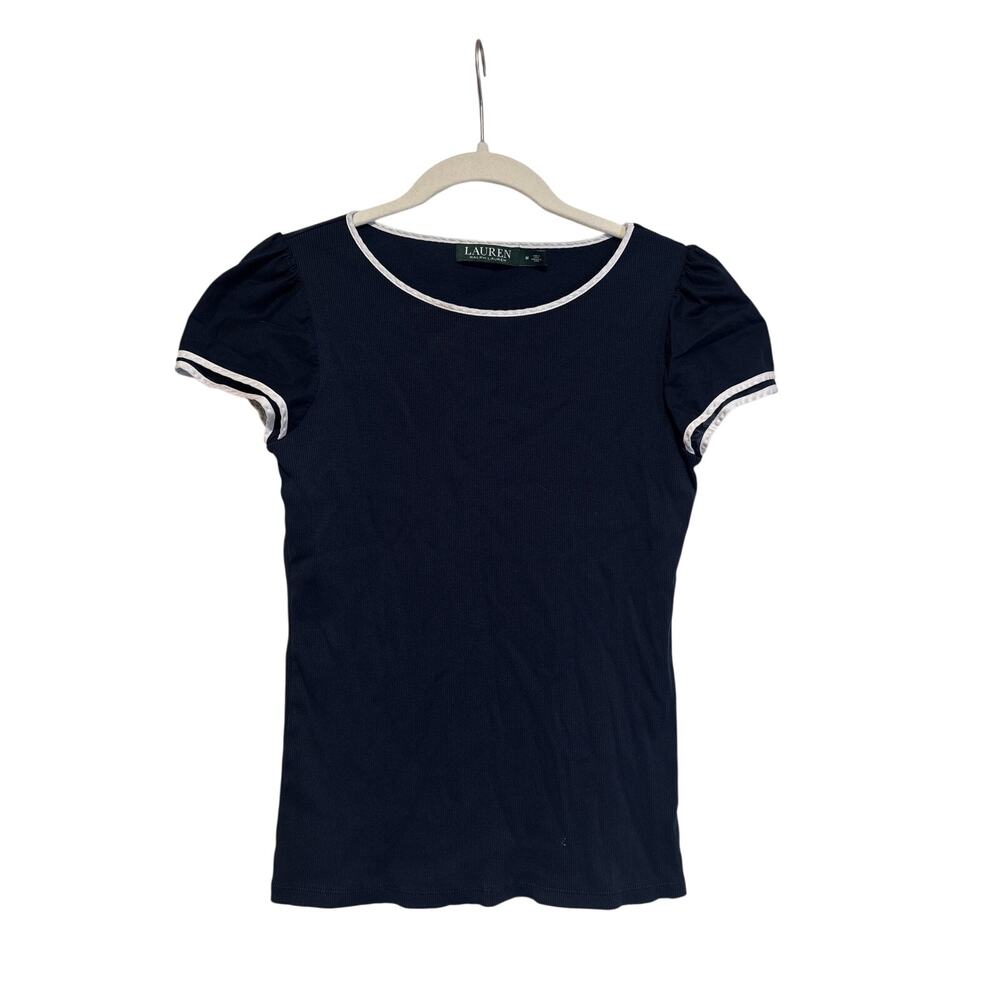 Lauren Ralph Lauren Navy Blue Puff Sleeve Shirt M - Picture 2 of 7